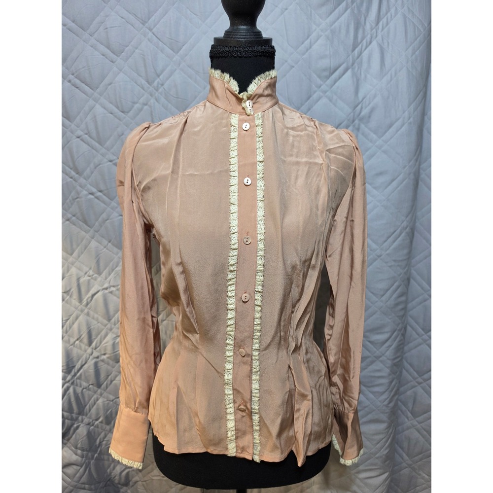 Bonwit‎ Teller Vintage 100% Silk Lace Trim Blouse Victorian High Neck Pink NWT 4
